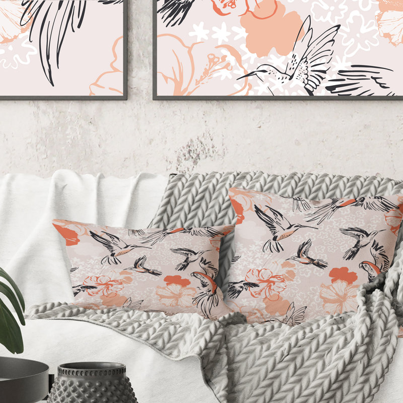 Oiseaux volants et fleurs d'hibiscus - Coussin décoratif à motif 1