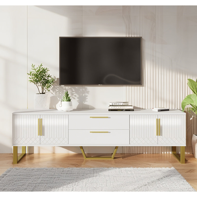 Meuble télé 66,9 po avec tiroirs ultrabrillants, Blanc