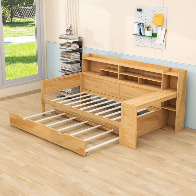 Wooden Daybed with Twin Trundle, Storage Shelves, Twin, Natural