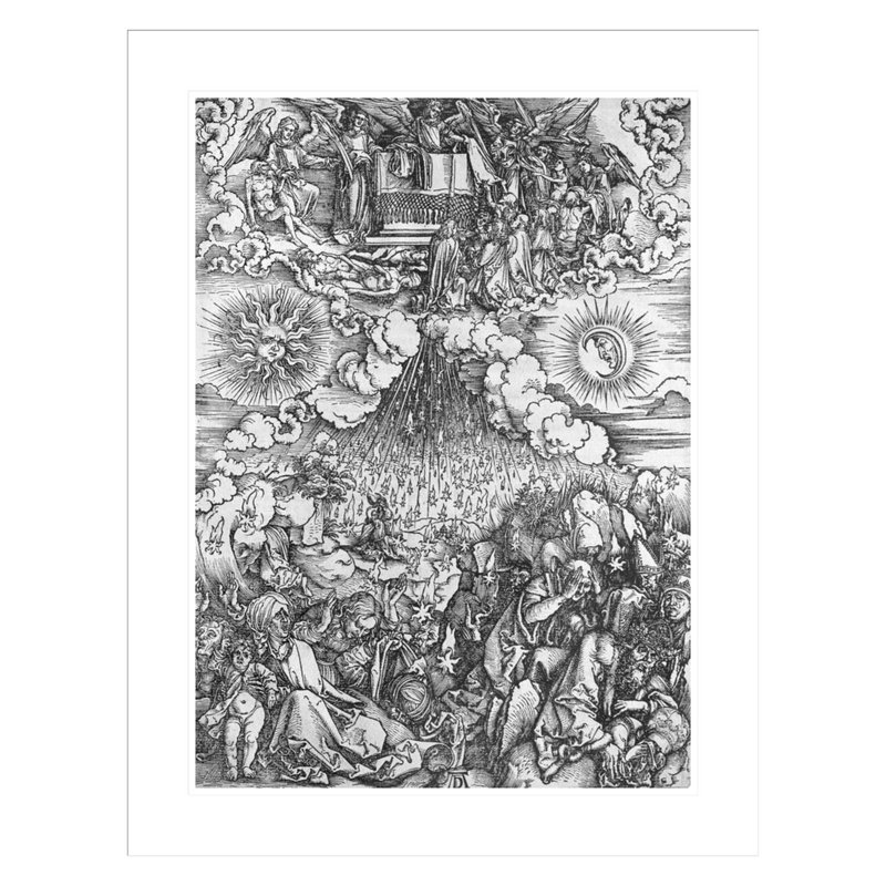 Scène de l'Apocalypse, l'ouverture des Cinquième et Sixième Sceaux, édition Latine par Albrecht Dürer, impression giclée sur cadre