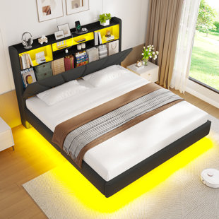 Floating Bed Frame with Charging Station, LED Lights and Upholstered Headboard for Bedroom, Modern Floating Beds with Hidden Storage Compartment, No Box Spring Needed