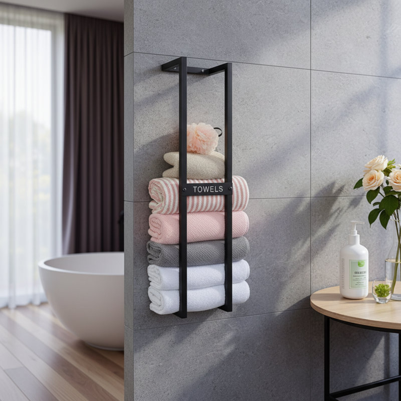Modern Wall-Mounted Metal Towel Holder and Deluxe 8x32 Inch Bath Towels for Contemporary Bathroom