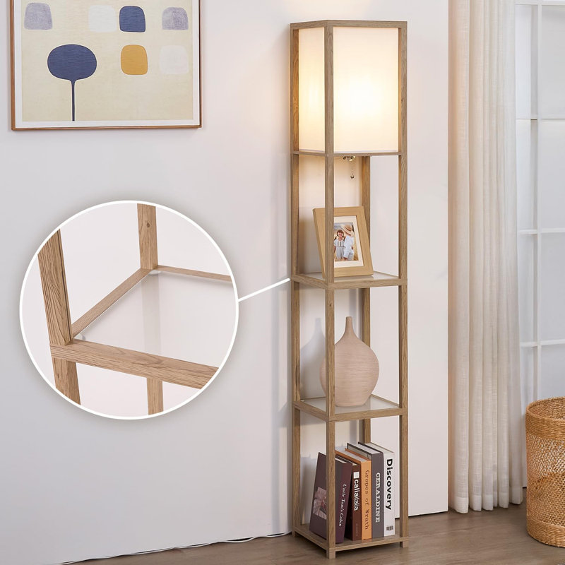 Modern Floor Lamp With Shelves, LED Light Included, Rustic Wood Stand, Glass Shelves For Display, Versatile Standing Lamp For Living Room, Bedroom, Office