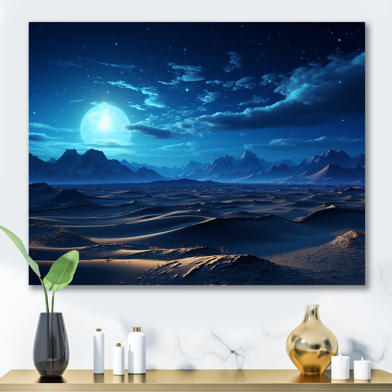 «Blue Nocturnal Desert Dunes I», art mural désert, Toile tendue, H 24 po x l 32 po x P 1 po