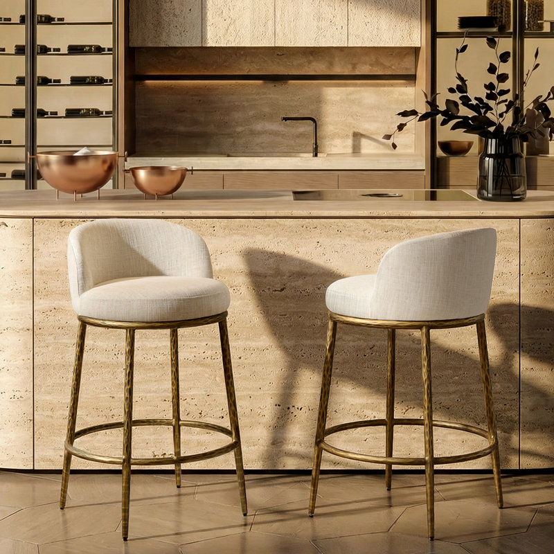 26.5" Upholstered Counter Stool With Hammered Metal Legs & Curved Low Back For Kitchen Island, Matte Gold Hammered