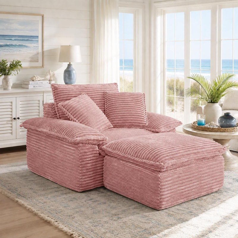 Chaise longue d'intérieur de 122 cm, canapé surdimensionné sans dossier en velours côtelé, canapé-lit deux places moelleux avec 2 poufs pour salon/chambre/détente