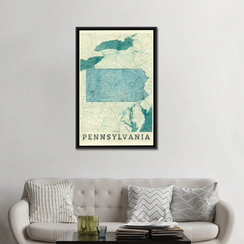 «Pennsylvania Map», reproduction d'impression sur toile, H 26 po x l 18 po x P 1,5 po, Toile avec cadre noir, Pas de tapis