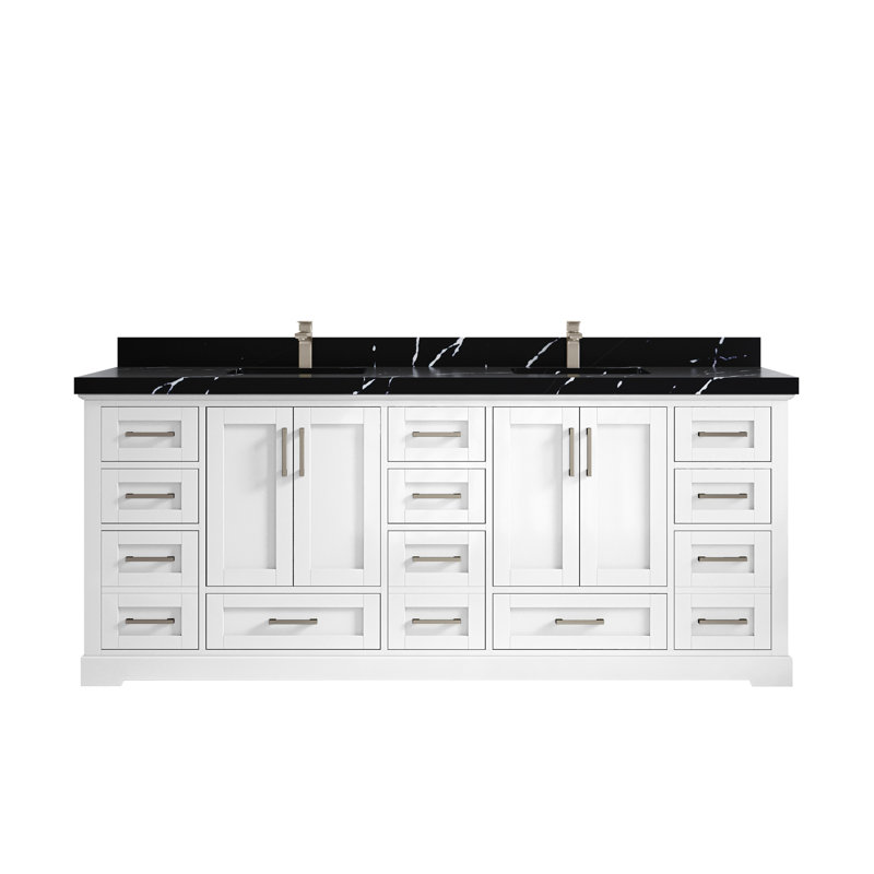Ensemble de meuble-lavabo double 84 po Eser, Blanc, Quartz noir Calacatta
