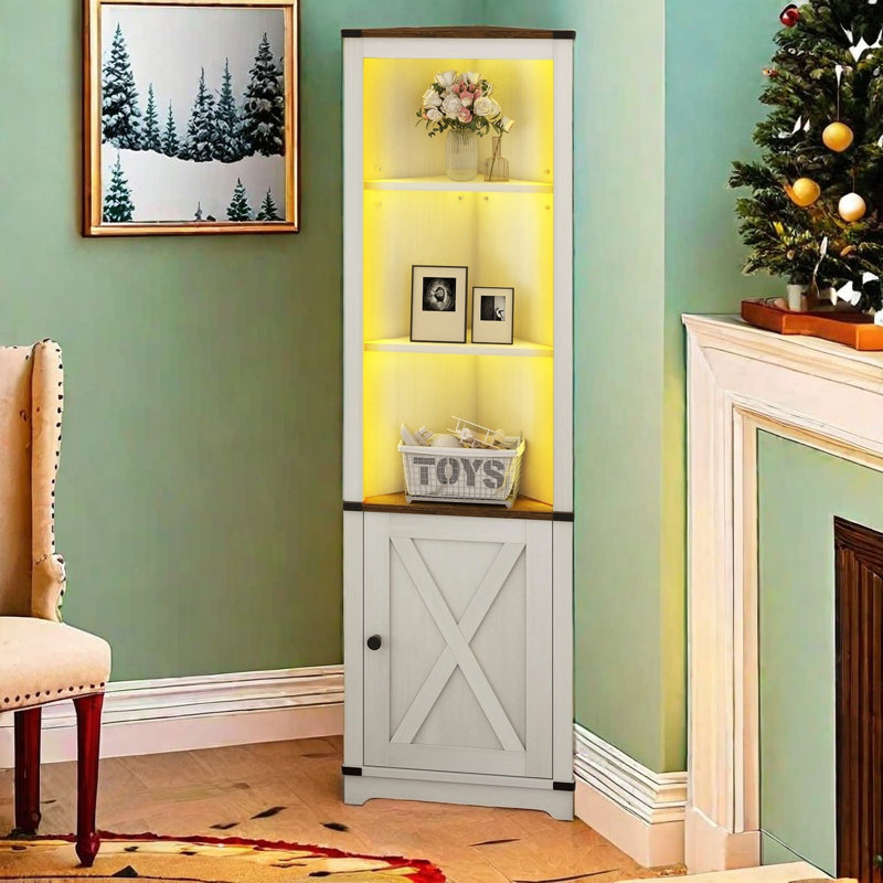 Aspen White Corner Bookcase with Adjustable Shelves and LED Light