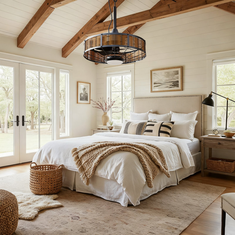20" Boho Plug-in Outdoor Non-hardwired Caged Ceiling Fan with LED Light and Remote, Brown