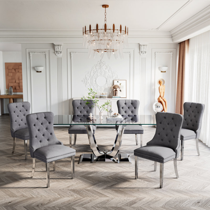 Glass Top Metal Base Dining Table With 6 Velvet Dining Chairs,7 - Piece Pedestal Dining Set, Gray, Silver