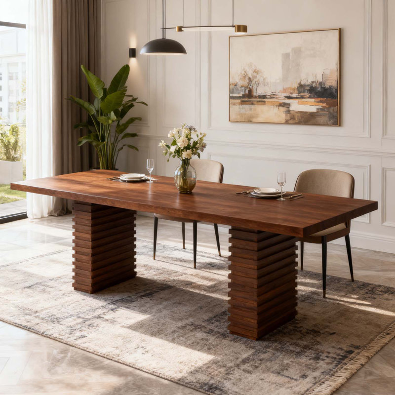Modern Dining Table With Robust Double Pedestal, Walnut
