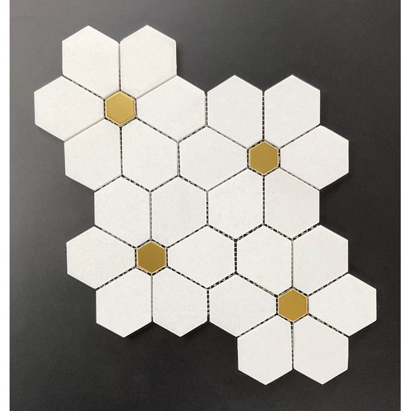 MFL Thassos White Marble with Gold Metal Large Daisy Pattern Wall and Floor Mosaic Tile