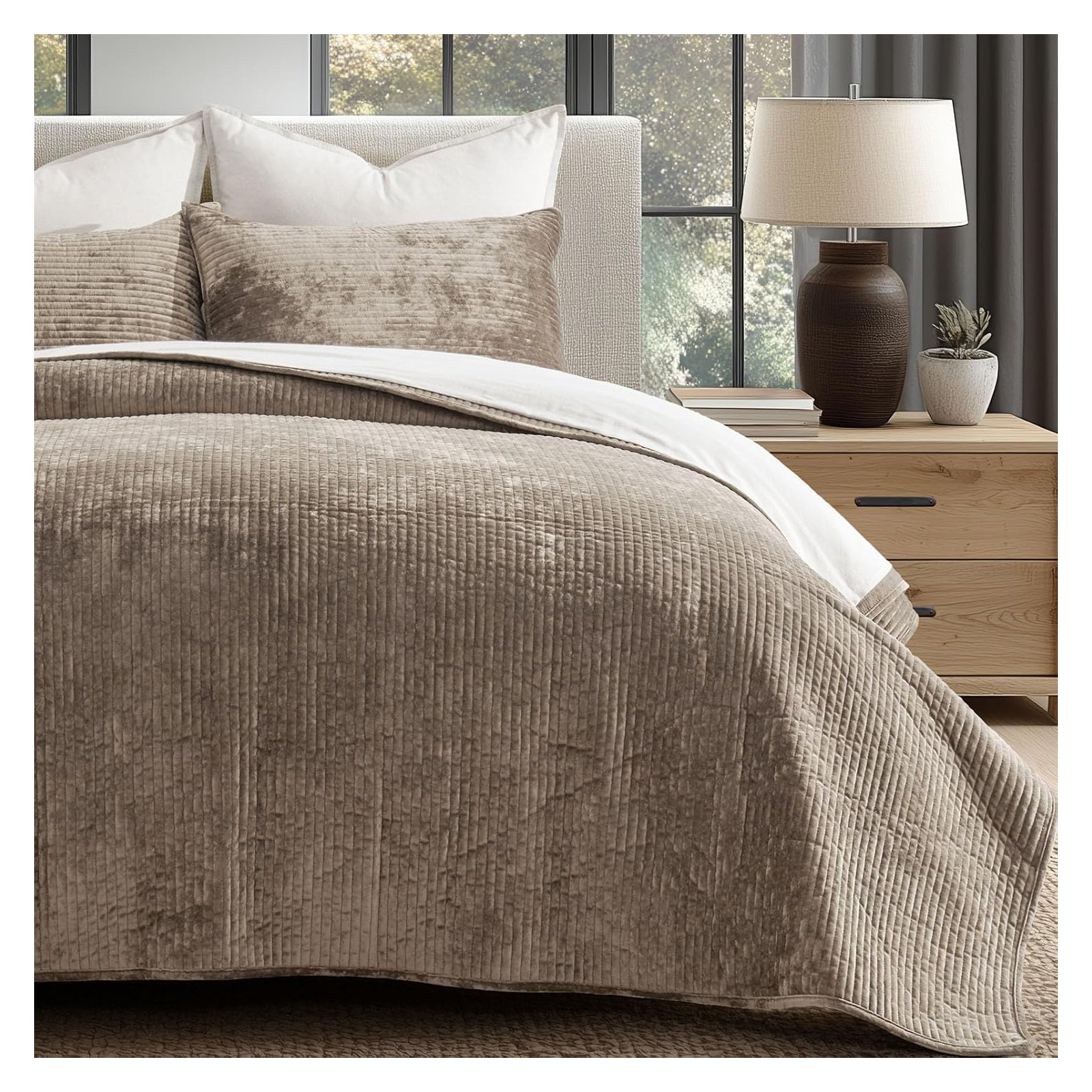 Striped Channel Velvet Quilt Set, King, Natural Tan