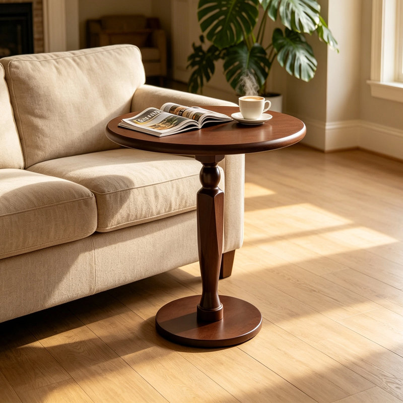 Table de bout ronde en bois massif, petite table basse ronde dans le salon.