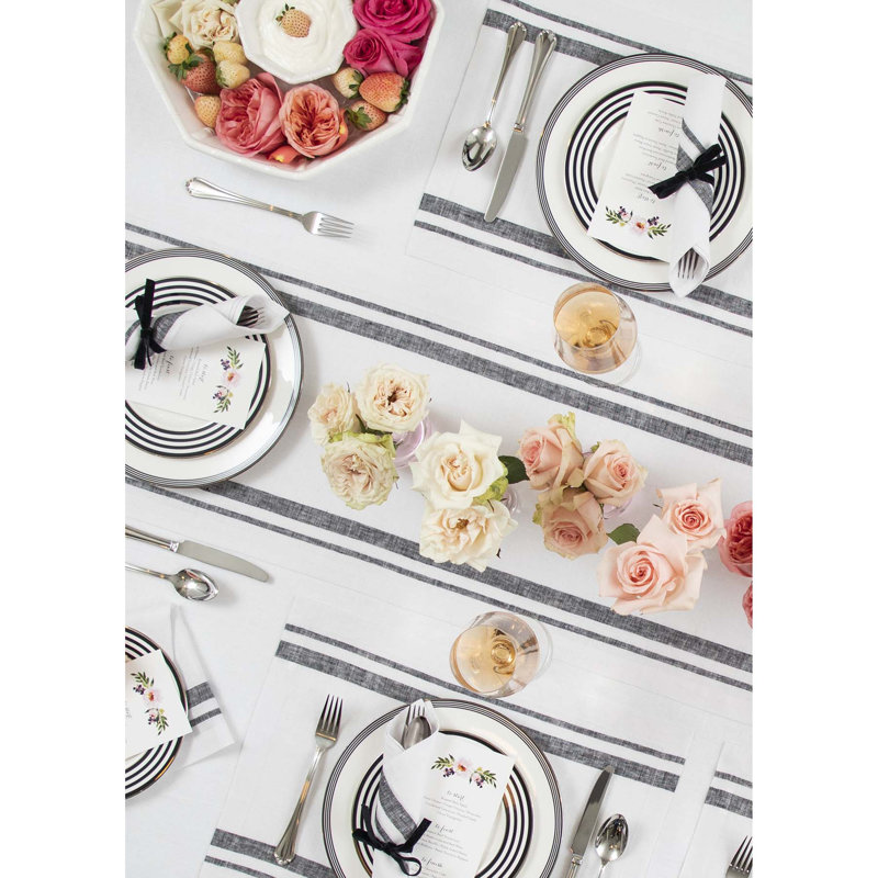 Black and White French Stripe Linen Table Runner 14 x 90 Inch