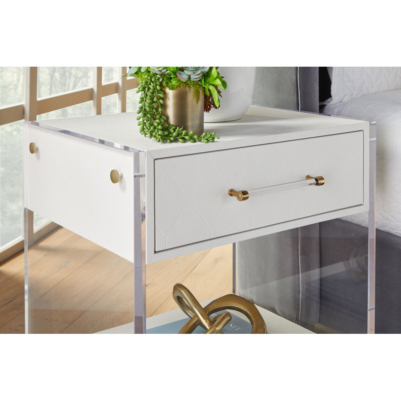 Pearl White Faux Shagreen Resin Nightstand with Clear Acrylic Sides