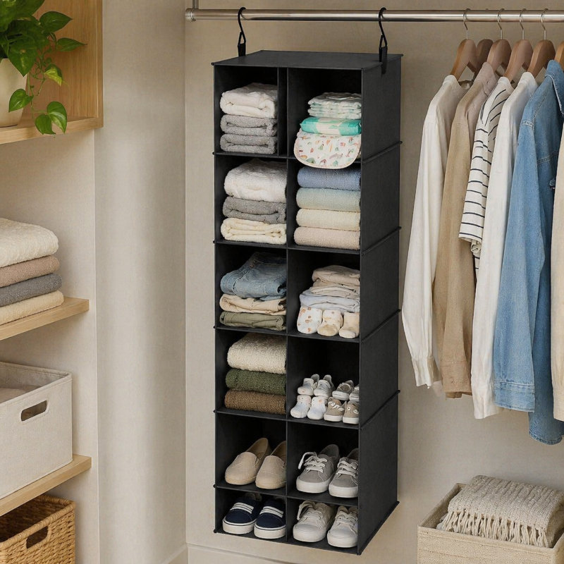 2 Pack Hanging Closet Organizer with Dividers, 24 Compartments Hanging Shoe Shelves for Closet, Wardrobe, RV and Garment Rack