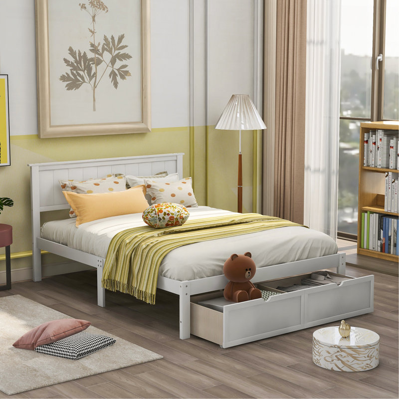 Lit plateforme double avec tiroirs sous le lit, blanc