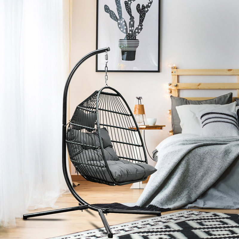 Fauteuil œuf suspendu en rotin Four Corners, Gris foncé