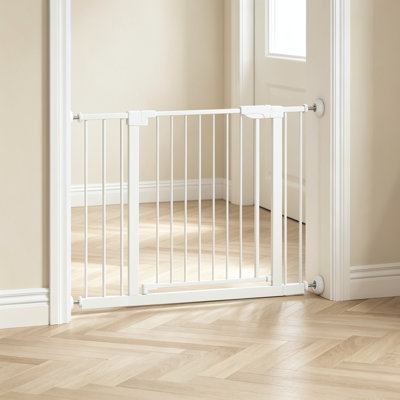 Barrière de sécurité pour bébé et chien montée sous pression de 44,1 po - Cadre large réglable, conception facile à passer, sans perceuse - Barrière intérieure blanche pour les escaliers