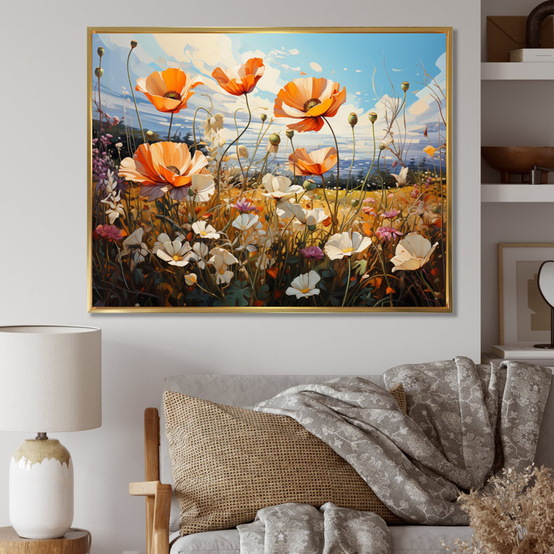 «Peach Sunkissed Petals Wildflowers II», reproduction sur toile, 12" H x 20" W, Black Picture Framed