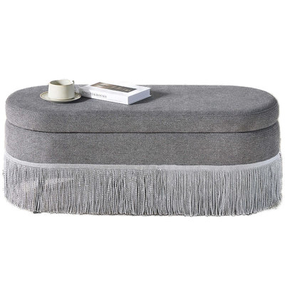 Oval Upholstered Storage Ottoman With Fringe Trim & Lift-Top Lid, Multi-Functional Footrest & Hidden Storage For Living Room Or Bedroom