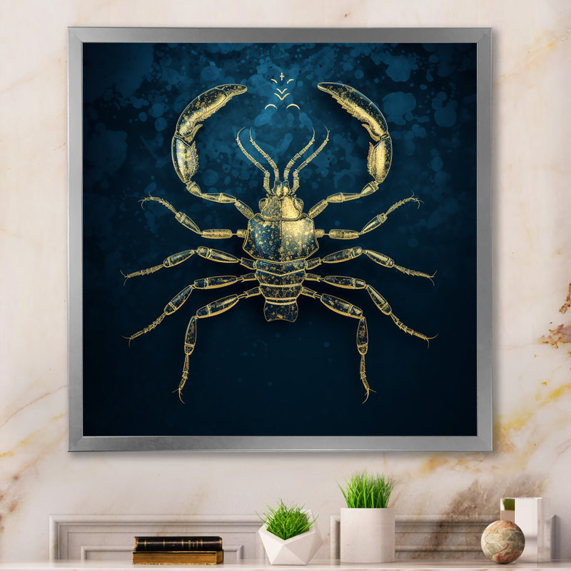 " Exquisite Scorpio Gold On Blue ", 24" H x 24" W x 1" D, Silver Single Picture Framed