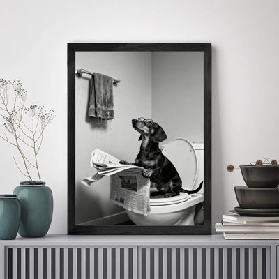 Black Framed Vintage The little dog earnestly reading the newspaper on the toilet Wall Art Retro Style Framed Prints