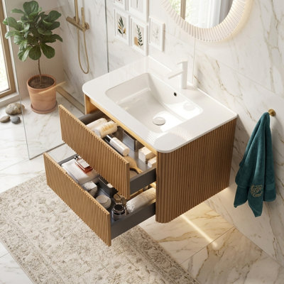 36"/30" Modern Fluted Floating Bathroom Vanity With Integrated Ceramic Sink, Wall-Mounted Natural Woodgrain Cabinet With 2 Drawers, Pre-Assembled