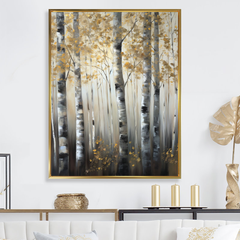 «Birch Tree Forest Wonderland V», reproduction sur toile, H 40 po x l 30 po, Cadre flottant doré