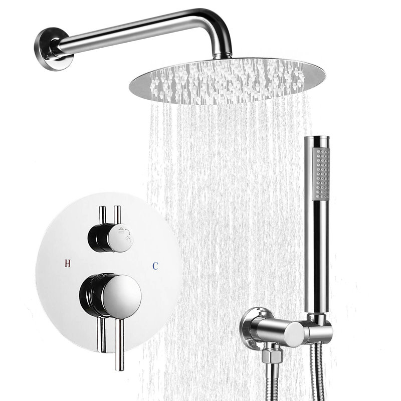 Modern Round Shower System, Rain Shower Head with Handheld Spray, Shower Faucet Set, Chrome