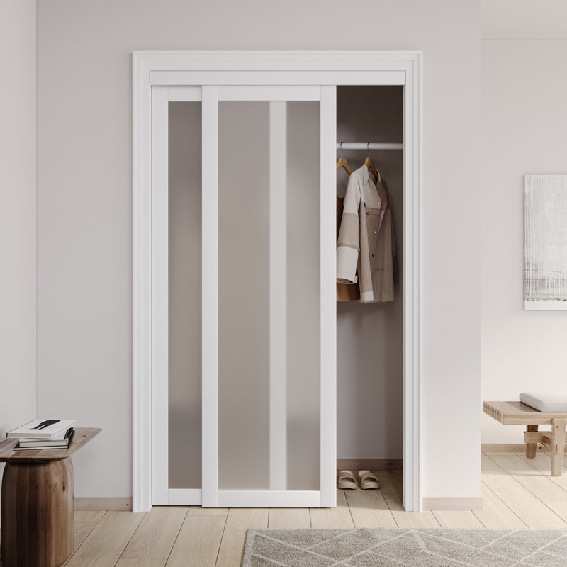 Porte de placard coulissante en verre trempé givré et panneau de fibres à densité moyenne de 48 po x 80 po 1 Lite avec quincaillerie