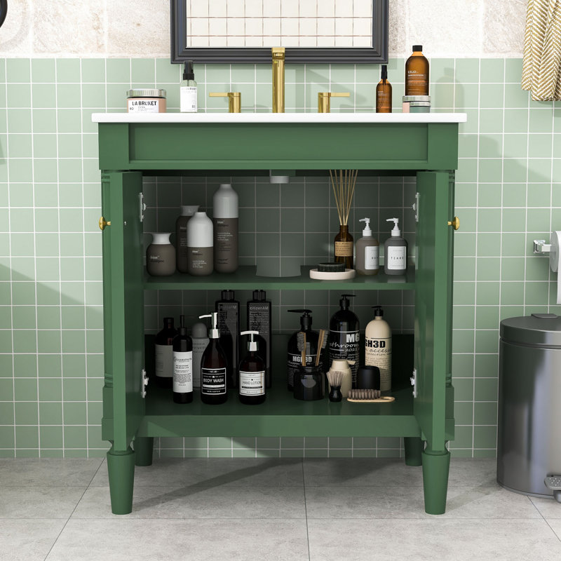 Meuble-lavabo de salle de bain avec lavabo en céramique, portes à fermeture douce, tablette réglable et armoire de rangement