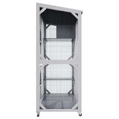 Outdoor Cat Enclosure On Wheels, 71.2" Grey Wooden Multi - Level House, Platforms, Lockable Doors, Removable Tray For Grooming House With Well Being