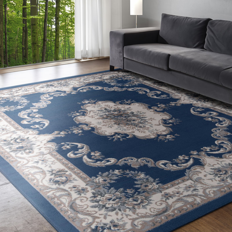 Riter Dark Blue / Navy / Cream Aubusson Oriental Rug, Rectangle 5' x 7'