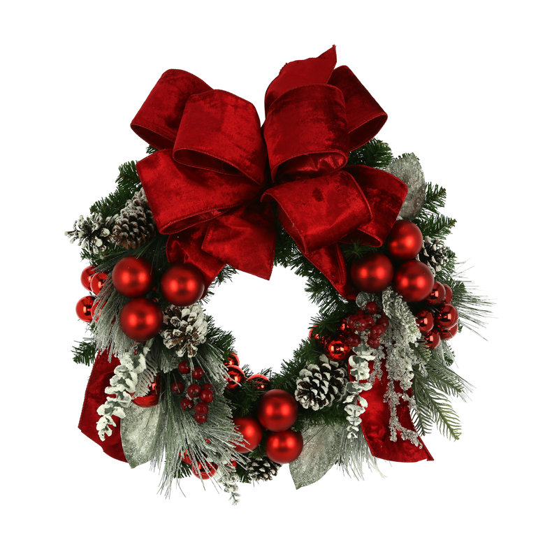28" Snowy Holiday Wreath With Berries, Ornaments And Bows