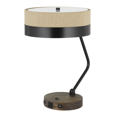 Lampe de bureau Parson 60 W x 2,51 cm de hauteur, bois et métal noir, abat-jour en toile de jute beige et 2 ports USB