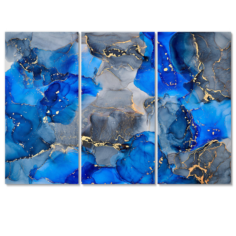 «Blue and Grey Luxury Abstract Fluid Art V», reproduction d'art sur toile moderne, H 40 po x l 60 po x P 1 po