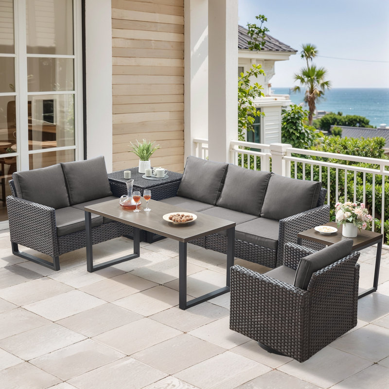 Ingvald 6 Person Outdoor Patio Wicker Conversation Set Group With Swivel Chairs, Gris