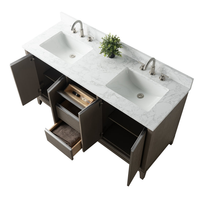 Meuble-lavabo double 60 po avec comptoir, Bois flottant gris, Lit double, 60"