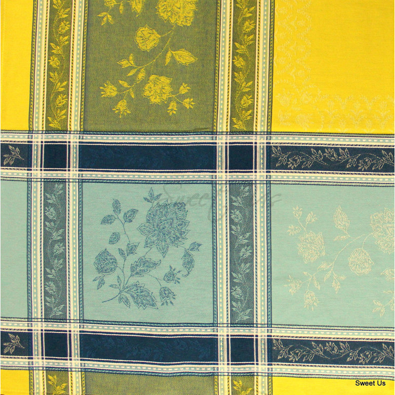 Wipeable Stain Resistant Polytetrafluoroethylene Coated French Provencal Jacquard Cotton Floral Tablecloth, Blue/Green