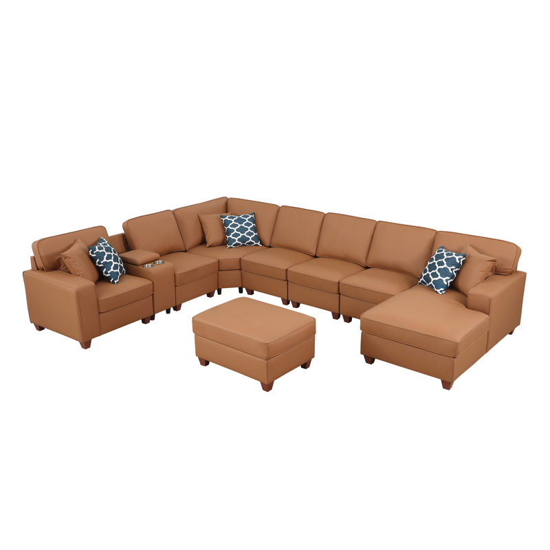 Belmont - Canapé modulaire en cuir en U avec console porte-gobelet et repose-pieds, Similicuir brun