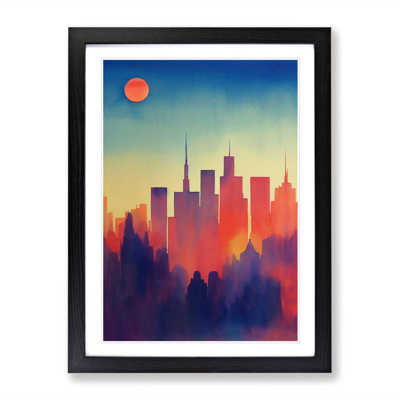 City Skyline Watercolour No.5 - Wall Art, Black Framed, 36cm H x 27cm W x 2cm D, White