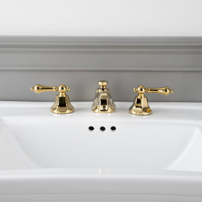 Deco Widespread Bathroom Sink Faucet - Porcelain Lever Handles - Polished Brass