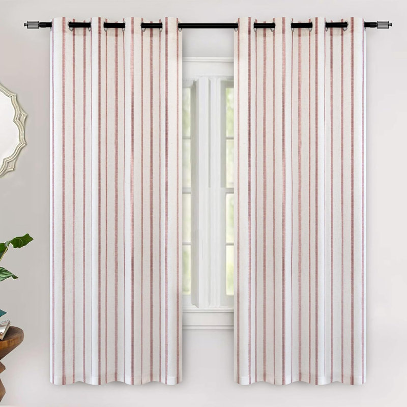 Blackout Curtain Pair, Red Stripe/Light Linen, 52" W x 63" L
