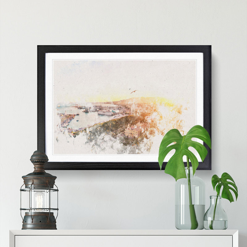 Malaga Skyline in Spain Watercolour - Picture Frame Graphic Art Print, 33cm H x 45cm W x 2cm D, Black Framed