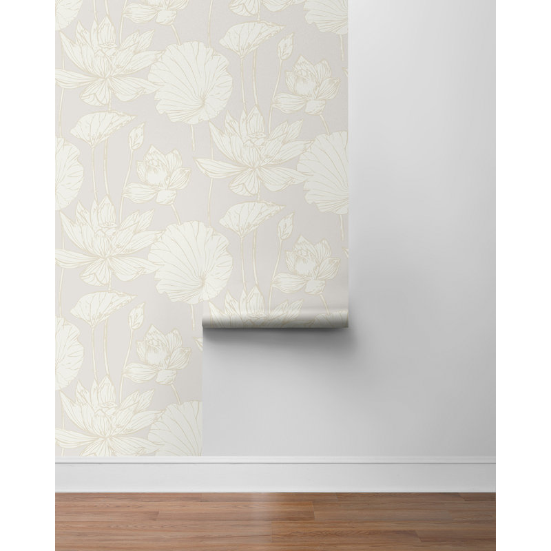 Papier peint adhésif floral en fer forgé Lotus Garden, Crème, crème