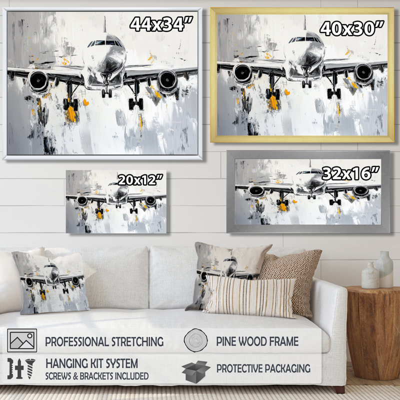 Décoration murale aquarelle atterrissant sur la piste IV - Avion, H 16 po x l 32 po, Argent argent