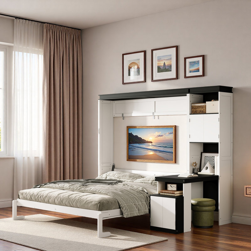 Lit escamotable avec bureau, tablettes de rangement ouvertes et armoires